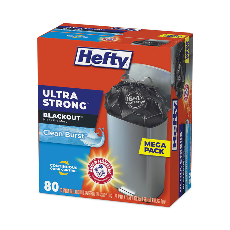 Hefty Ultra Strong 13 Gallon 80 Count Tall Kitchen Drawstring Trash Bags  with Clean Burst scent , Blackout, Black New!