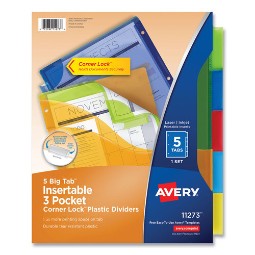 AVE11273 - Avery - Insertable Big Tab Plastic Three-Pocket Corner Lock Dividers, 5-Tab, 11.13 x 9.25, Assorted, 1 Set