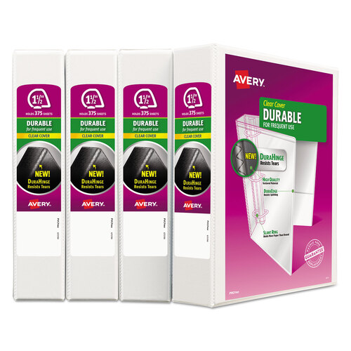 AVE17576 - Avery - Durable View Binder with DuraHinge and Slant Rings, 3 Rings, 1.5&quot; Capacity, 11 x 8.5, White, 4/Pack