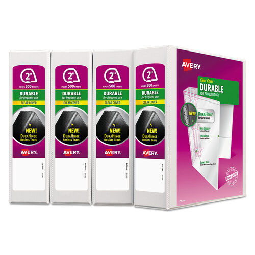 AVE17577 - Avery - Durable View Binder with DuraHinge and Slant Rings, 3 Rings, 2&quot; Capacity, 11 x 8.5, White, 4/Pack