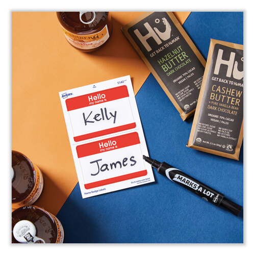 AVE5140 - Avery - Printable Self-Adhesive Name Badges, 2 1/3 x 3 3/8, Red &quot;Hello&quot;, 100/Pack