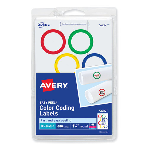 AVE5407 - Avery - Printable Self-Adhesive Removable Color-Coding Labels, 1.25&quot; dia, Assorted Colors, 8/Sheet, 50 Sheets/Box