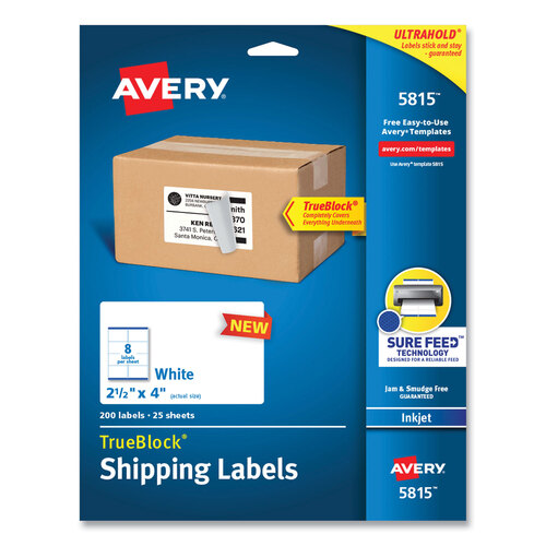 AVE5815 - Avery - Shipping Labels with TrueBlock Technology, Inkjet Printers, 2.5 x 4, White, 8 Labels/Sheet, 25 Sheets/Pack