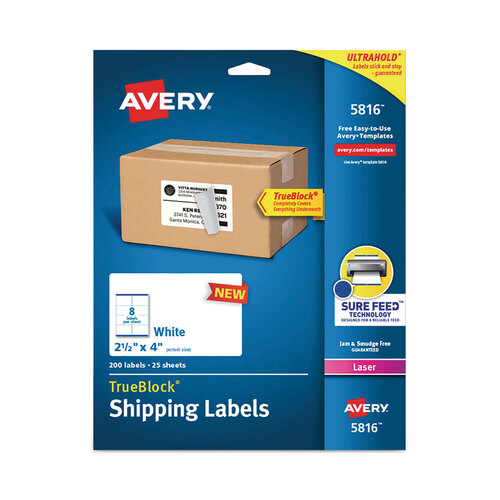 AVE5816 - Avery - Shipping Labels with TrueBlock Technology, Laser Printers, 2.5 x 4, White, 8/Sheet, 25 Sheets/Pack
