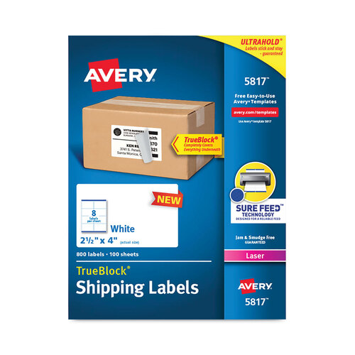 AVE5817 - Avery - Shipping Labels with TrueBlock Technology, Laser Printers, 2.5 x 4, White, 8/Sheet, 100 Sheets/Pack