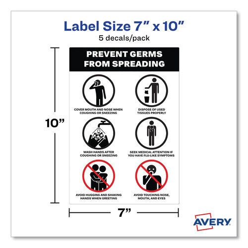 AVE83174 - Avery - Preprinted Surface Safe Wall Decals, 7 x 10, Prevent Germs from Spreading, White/Black Face, Black Graphics, 5/Pack