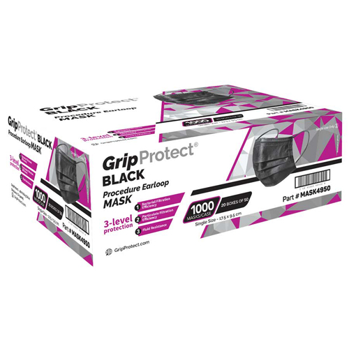 BAYMASK4950 - GripProtect - Black Procedure Earloop Masks, 3-Ply