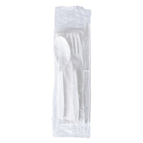 BWK4KITWHPS - BOARDWALK - Four-Piece Cutlery Kit, Fork/Knife/Napkin/Teaspoon, Mediumweight, Polystyrene, White, 250/Carton
