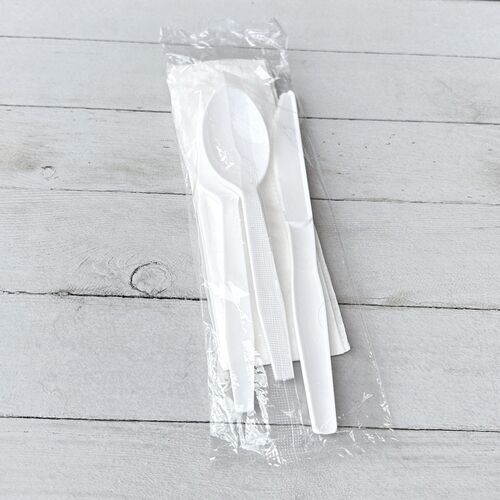 BWK4KITWHPS - BOARDWALK - Four-Piece Cutlery Kit, Fork/Knife/Napkin/Teaspoon, Mediumweight, Polystyrene, White, 250/Carton