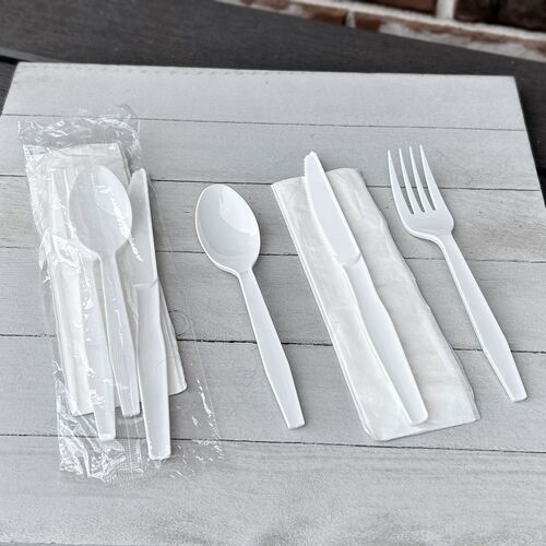 BWK4KITWHPS - BOARDWALK - Four-Piece Cutlery Kit, Fork/Knife/Napkin/Teaspoon, Mediumweight, Polystyrene, White, 250/Carton