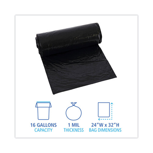 BWK510 - Boardwalk - Low-Density Waste Can Liners, 16 gal, 1 mil, 24 x 32, Black, 10 Bags/Roll, 15 Rolls/Carton