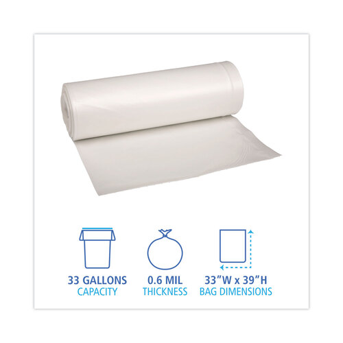 BWK512 - Boardwalk - Low-Density Waste Can Liners, 33 gal, 0.6 mil, 33 x 39, White, 25 Bags/Roll, 6 Rolls/Carton