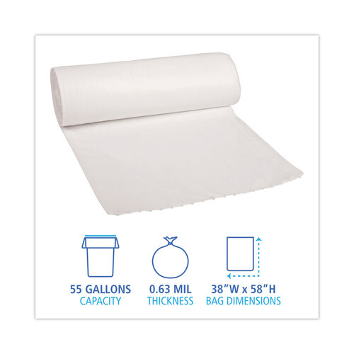 BWK515 - Boardwalk - Linear Low Density Can Liners, 55 gal, 0.63 mil, 38&quot; x 58&quot;, White, 10 Bags/Roll, 10 Rolls/Carton