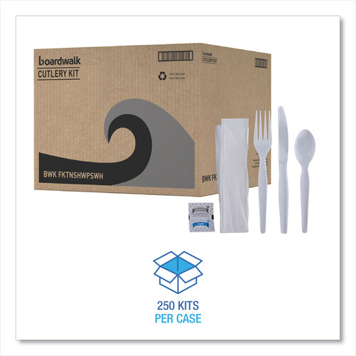 BWKFKTNSHWPSWH - Boardwalk - Six-Piece Cutlery Kit, Condiment/Fork/Knife/Napkin/Spoon, Heavyweight, White, 250/Carton
