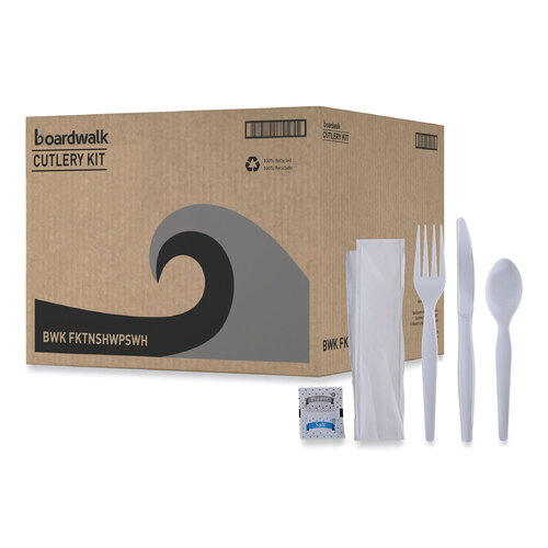 BWKFKTNSHWPSWH - Boardwalk - Six-Piece Cutlery Kit, Condiment/Fork/Knife/Napkin/Spoon, Heavyweight, White, 250/Carton