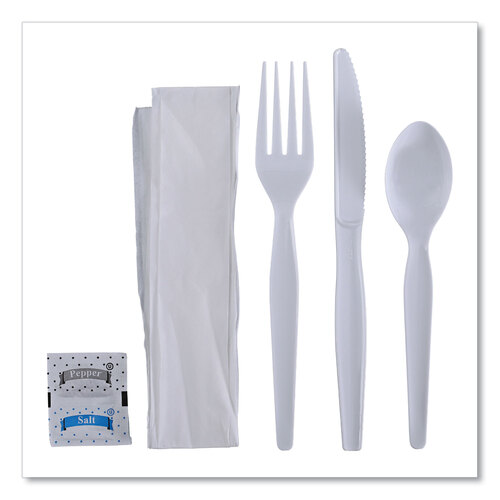 BWKFKTNSHWPSWH - Boardwalk - Six-Piece Cutlery Kit, Condiment/Fork/Knife/Napkin/Spoon, Heavyweight, White, 250/Carton