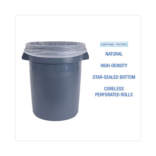 BWKRH3340S - Boardwalk - High Density Industrial Can Liners Coreless Rolls, 33 gal, 16 microns, 33 x 40, Natural, 25 Bags/Roll, 10 Rolls/Carton