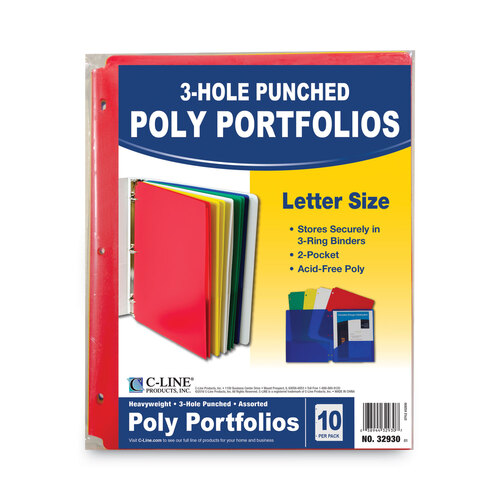 CLI32930 - C-Line Products - Two-Pocket Heavyweight Poly Portfolio Folder, 3-Hole Punch, 11 x 8.5, Assorted, 10/Pack