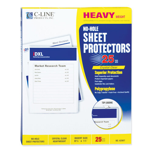 CLI62907 - C-Line Products - Top-Load No-Hole Sheet Protectors, Heavyweight, Clear, 2&quot; Capacity, 25/Box