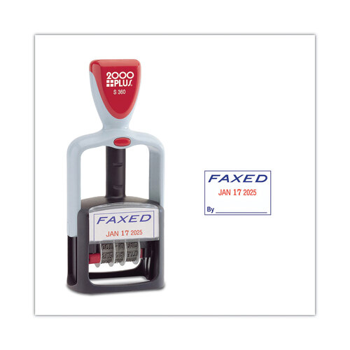 COS011032 - Consolidated Stamp - Model S 360 Two-Color Message Dater, 1.75 x 1, &quot;Faxed,&quot; Self-Inking, Blue/Red