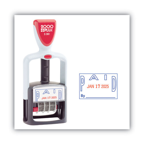COS011033 - Consolidated Stamp - Model S 360 Two-Color Message Dater, 1.75 x 1, &quot;Paid,&quot; Self-Inking, Blue/Red