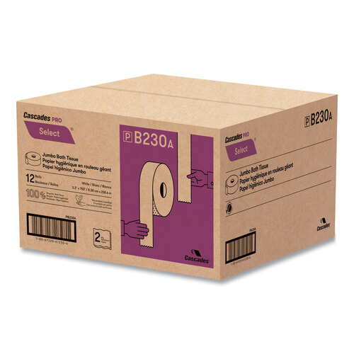 CSDB230 - Cascades Pro - Select Jumbo Bath Tissue, Septic Safe, 2-Ply, White, 3.3&quot; x 750 ft, 12/Carton