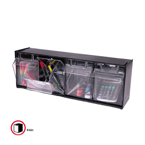 DEF20404OP - deflecto - Tilt Bin Interlocking Multi-Bin Storage Organizer, 4 Sections, 23.63&quot; x 6.63&quot; x 8.13&quot;, Black/Clear