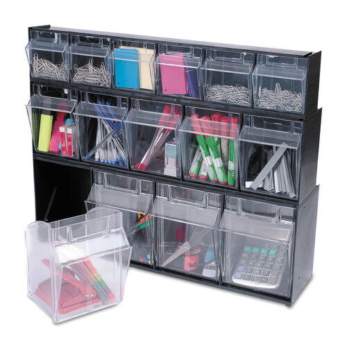DEF20404OP - deflecto - Tilt Bin Interlocking Multi-Bin Storage Organizer, 4 Sections, 23.63&quot; x 6.63&quot; x 8.13&quot;, Black/Clear