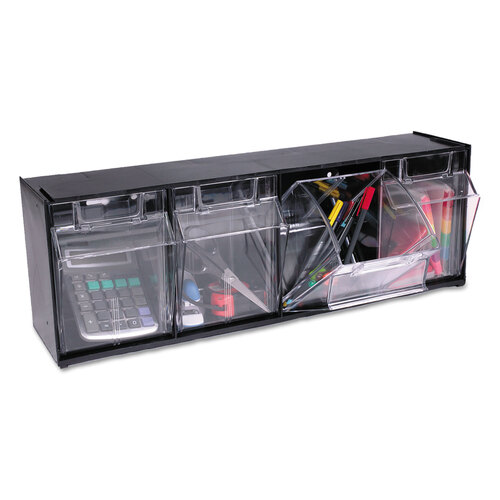 DEF20404OP - deflecto - Tilt Bin Interlocking Multi-Bin Storage Organizer, 4 Sections, 23.63&quot; x 6.63&quot; x 8.13&quot;, Black/Clear