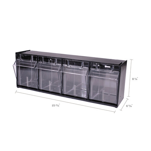 DEF20404OP - deflecto - Tilt Bin Interlocking Multi-Bin Storage Organizer, 4 Sections, 23.63&quot; x 6.63&quot; x 8.13&quot;, Black/Clear
