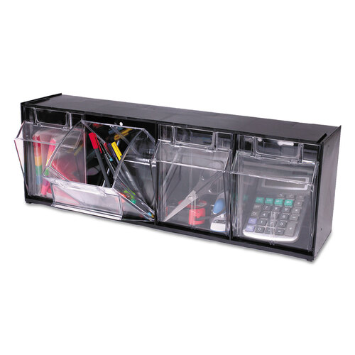DEF20404OP - deflecto - Tilt Bin Interlocking Multi-Bin Storage Organizer, 4 Sections, 23.63&quot; x 6.63&quot; x 8.13&quot;, Black/Clear