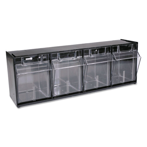 DEF20404OP - deflecto - Tilt Bin Interlocking Multi-Bin Storage Organizer, 4 Sections, 23.63&quot; x 6.63&quot; x 8.13&quot;, Black/Clear