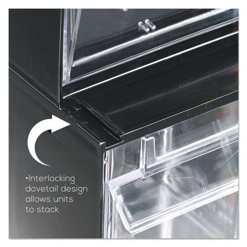 DEF20404OP - deflecto - Tilt Bin Interlocking Multi-Bin Storage Organizer, 4 Sections, 23.63&quot; x 6.63&quot; x 8.13&quot;, Black/Clear