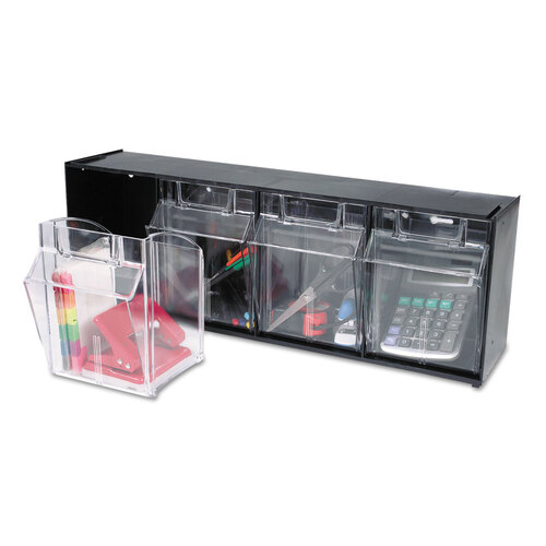 DEF20404OP - deflecto - Tilt Bin Interlocking Multi-Bin Storage Organizer, 4 Sections, 23.63&quot; x 6.63&quot; x 8.13&quot;, Black/Clear