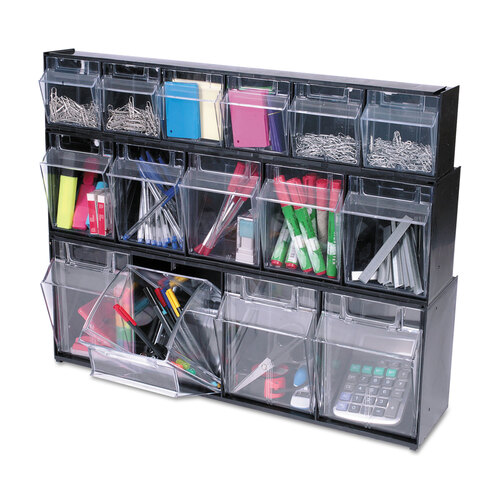 DEF20404OP - deflecto - Tilt Bin Interlocking Multi-Bin Storage Organizer, 4 Sections, 23.63&quot; x 6.63&quot; x 8.13&quot;, Black/Clear