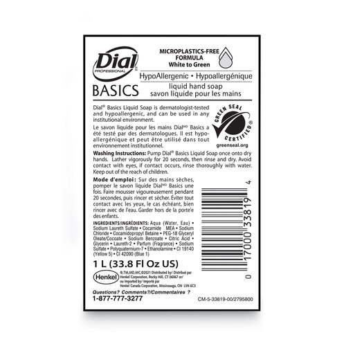DIA33821 - Dial Professional - Basics MP Free Liquid Hand Soap, Unscented, 1 L Refill Bottle, 8/Carton
