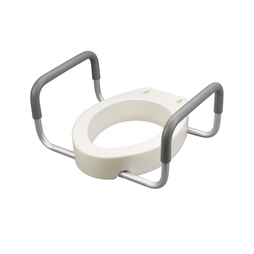 Elevated toilet seat with arms and lock-on bracket