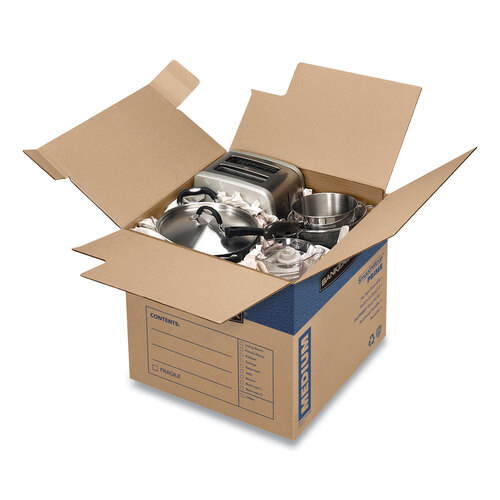FEL0062801 - Fellowes - SmoothMove Prime Moving/Storage Boxes, Hinged Lid, Regular Slotted Container, Medium, 18&quot; x 18&quot; x 16&quot;, Brown/Blue, 8/Carton