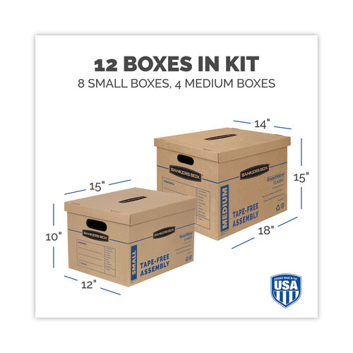 FEL7716401 - Fellowes - SmoothMove Classic Moving/Storage Box Kit, Half Slotted Container (HSC), Assorted Sizes: (8) Small, (4) Med, Brown/Blue,12/CT