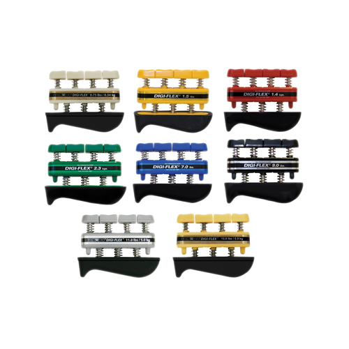 FNT10-0758 - Fabrication Enterprises - CanDo&reg; Digi-Flex&reg; Hand Exerciser - Set of 8 (Tan, Yellow, Red, Green, Blue, Black, Silver, Gold), No Rack