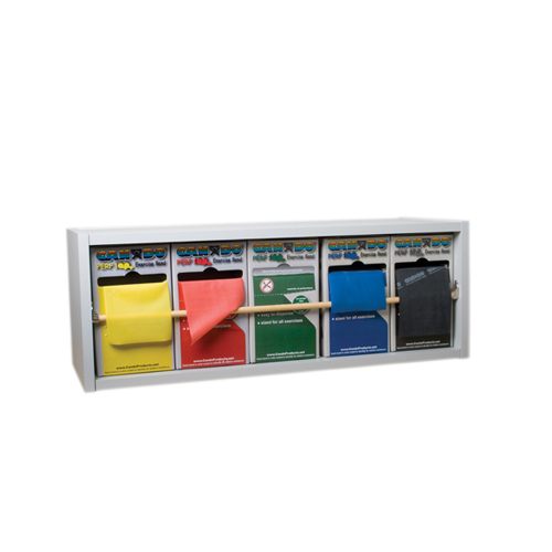 FNT10-5480 - Fabrication Enterprises - CanDo&reg; Exercise Band Rack, Plastic, 5 Rolls, Including: Perf 100&reg; - Low Powder - 5 x 100 Yard Rolls (Yellow, Red, Green, Blue, Black)
