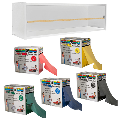 FNT10-5699 - Fabrication Enterprises - Cando Dispens-A-Band Exercise Band Rack, Wood, 5 Rolls, Including: 5 X 100 Yard Cando Perf 100 Latex Free Set (1 Each: Yellow, Red, Green, Blue, Black)