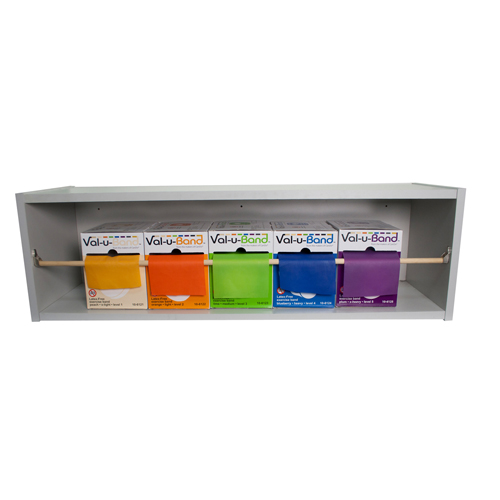 FNT10-6129 - Fabrication Enterprises - CanDo&reg; Dispens-A-Band&reg; Exercise Band Rack, Wood, 5 Rolls, Including: 5 x 50 Yard Val-u-Band&reg; Latex Free Set (1 Each: Peach, Orange, Lime,