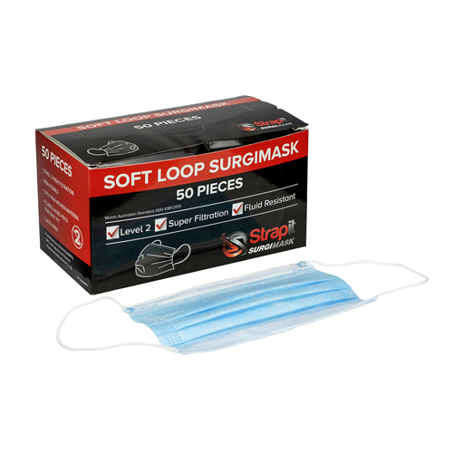 FNT70-0663-50 - Fabrication Enterprises - Strapit Surgimask Face Masks, 3 Ply Disposable With Ear Loops, Astm Level 2, Box Of 50