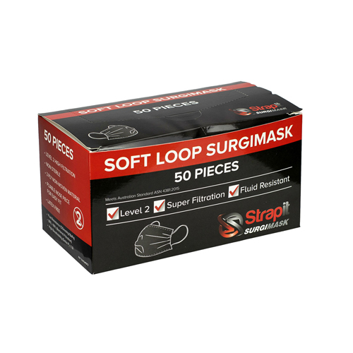 FNT70-0663-50 - Fabrication Enterprises - Strapit Surgimask Face Masks, 3 Ply Disposable With Ear Loops, Astm Level 2, Box Of 50