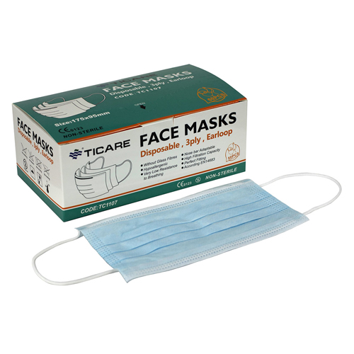 FNT70-0664-50 - Fabrication Enterprises - Ticare Face Masks, 3 Ply Disposable With Ear Loops, Box Of 50