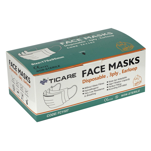 FNT70-0664-50 - Fabrication Enterprises - Ticare Face Masks, 3 Ply Disposable With Ear Loops, Box Of 50