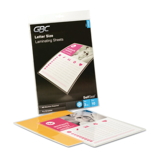 GBC3747308 - GBC - SelfSeal Self-Adhesive Laminating Pouches and Single-Sided Sheets, 3 mil, 9&quot; x 12&quot;, Gloss Clear, 10/Pack