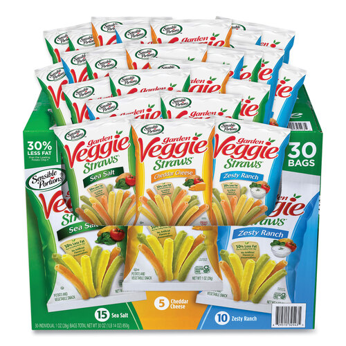 Veggie Straws, Cheddar Cheese/Sea Salt/Zesty Ranch, 1 oz Bag, 30 Bags/Carton, Ships in 1-3 Business Days Veggie Straws, Cheddar Cheese/Sea Salt/Zesty Ranch, 1 oz Bag, 30 Bags/Carton, Ships in 1-3 Business Days