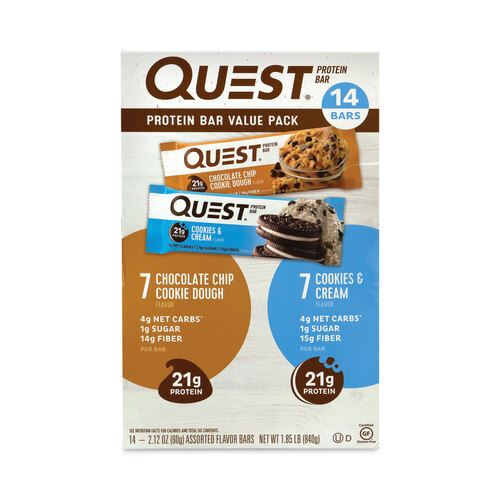 GRR22000966 - QUEST NUTRITION - Protein Bar Value Pack, Chocolate Chip Cookie Dough, Cookies and Cream, 2.12 oz Bar, 14/Carton, Ships in 1-3 Business Days